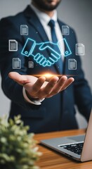 Fototapeta premium Confident Businessman Presenting Digital Handshake And Documents, Symbolizing Partnership And Agreement In Modern Business Dealings