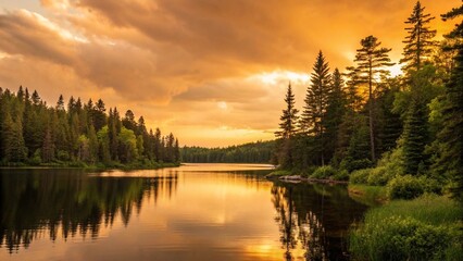 A serene golden hour bathes a tranquil forest lake, with towering pine trees reflecting perfectly in the still water under a dramatic, cloud-filled sky