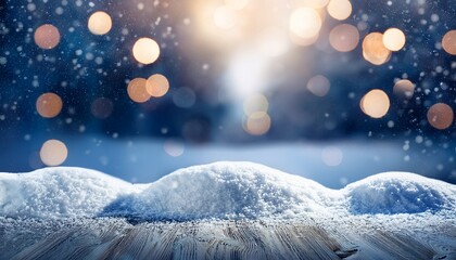 dreamy winter scene with falling snow soft bokeh lights and a frosty snow covered foreground a sense of magic and holiday enchantment