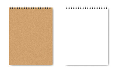 Mockup of a notebook with spiral. A4 vertical format. Brown cover. Kraft paper, cardboard. Shiny metal binder clip. Mockup of a small book, diary, notepad. Copybook, sheets of paper with black binder