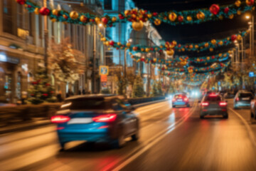 Obraz premium Blurred background of cars driving down street decorated with Christmas lights and festive ornaments, glowing garlands hanging above road, evening scene with warm colorful lighting.