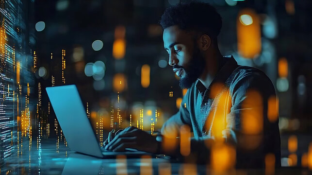 Focused Programmer Working Late at Night on Laptop with Data Stream Overlay