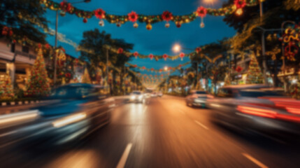 Obraz premium Blurred background of cars driving down street decorated with Christmas lights and festive ornaments, glowing garlands hanging above road, evening scene with warm colorful lighting.