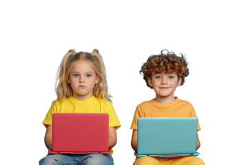 Photo of a young girl and boy sitting sidebyside, each holding a laptop computer, looking at the camera, isolated on transparent background