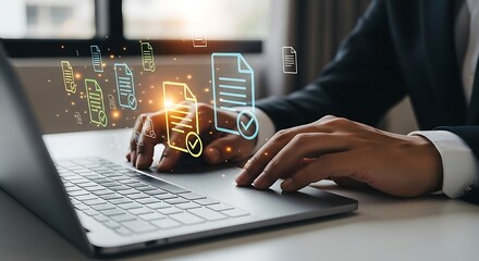Digital Document Management Professional Using Laptop With Glowing Icons Symbolizing Successful Data Processing And Approval