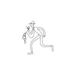 Man in hat running with a small creature on a leash while smoking a cigarette in a minimalist style