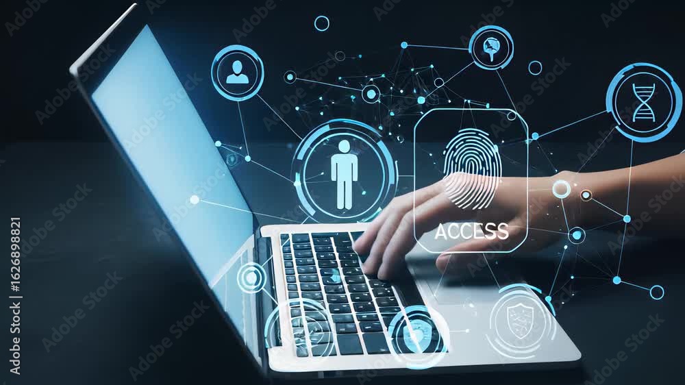 Poster closeup view of a hand typing on a laptop while digital security icons float around, showcasing tech