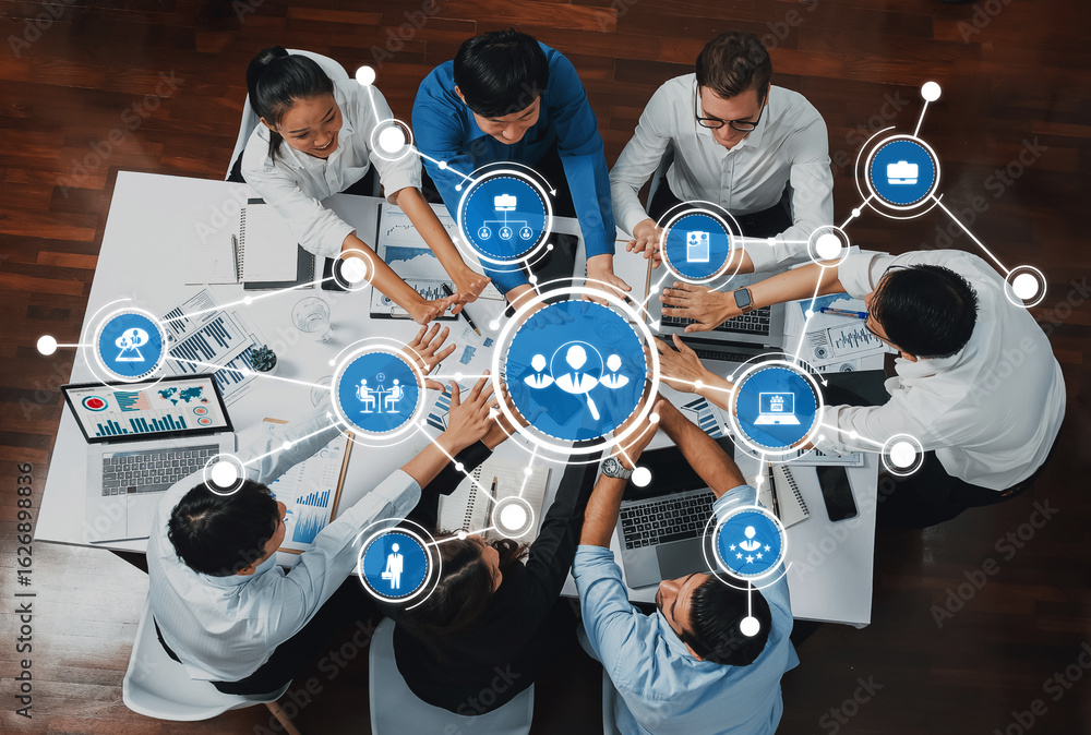 Poster a diverse group of professionals collaborates around a table, utilizing technology and data visualiz