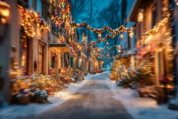 Fototapeta premium Blurred background with cozy streets and houses decorated for Christmas with colorful lights, wreaths, garlands, and glowing ornaments, snowy ground setting a warm festive atmosphere in the evening.