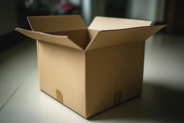 Open cardboard shipping box with brown paper packaging on a white background