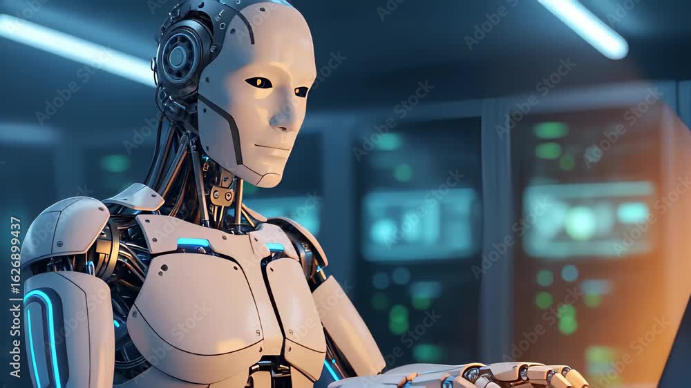 Poster humanoid robot types diligently while engaged in advanced technology tasks in a futuristic environme