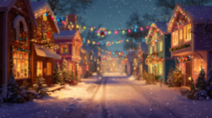Obraz premium Blurred background with cozy streets and houses decorated for Christmas with colorful lights, wreaths, garlands, and glowing ornaments, snowy ground setting a warm festive atmosphere in the evening.