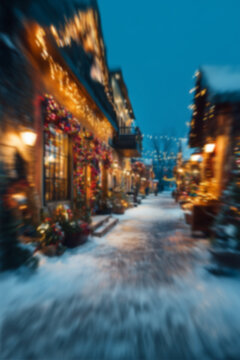 Blurred background with cozy streets and houses decorated for Christmas with colorful lights, wreaths, garlands, and glowing ornaments, snowy ground setting a warm festive atmosphere in the evening.