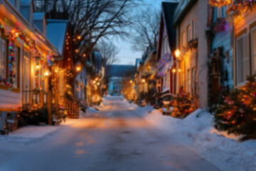 Fototapeta premium Blurred background with cozy streets and houses decorated for Christmas with colorful lights, wreaths, garlands, and glowing ornaments, snowy ground setting a warm festive atmosphere in the evening.