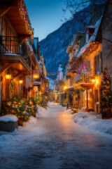 Obraz premium Blurred background with cozy streets and houses decorated for Christmas with colorful lights, wreaths, garlands, and glowing ornaments, snowy ground setting a warm festive atmosphere in the evening.
