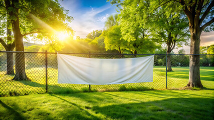 Blank white banner hanging on a fence in a park with sunlight shining through the trees