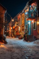 Fototapeta premium Blurred background with cozy streets and houses decorated for Christmas with colorful lights, wreaths, garlands, and glowing ornaments, snowy ground setting a warm festive atmosphere in the evening.