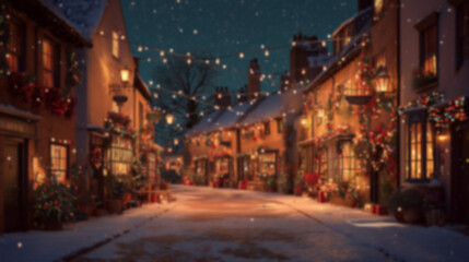 Fototapeta premium Blurred background with cozy streets and houses decorated for Christmas with colorful lights, wreaths, garlands, and glowing ornaments, snowy ground setting a warm festive atmosphere in the evening.