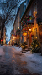 Fototapeta premium Blurred background with cozy streets and houses decorated for Christmas with colorful lights, wreaths, garlands, and glowing ornaments, snowy ground setting a warm festive atmosphere in the evening.