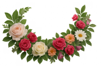 Colorful floral arrangement forming a crescent moon shape with transparent background