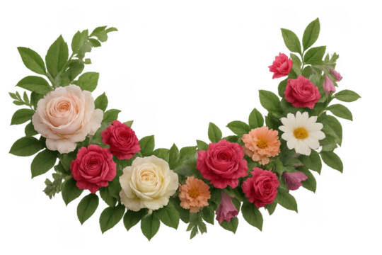 Colorful floral arrangement forming a crescent moon shape with transparent background