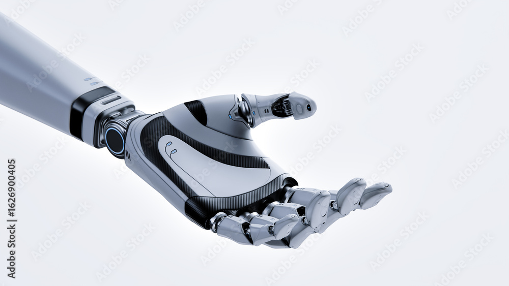 Poster cyborg robot hand with open palm and artificial intelligence (ai) on white background. copy space te