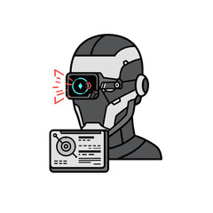 Futuristic robot head with augmented reality device and interface  