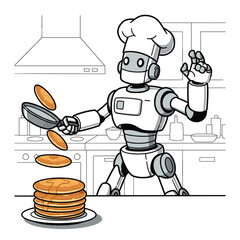 Robot chef flipping pancakes in modern kitchen environment  
