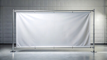 Empty white banner stretched on a metal frame in a studio with lighting, ready for advertising and promotion