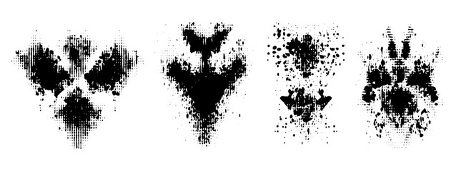 Halftone texture Rorschach inkblot test with symmetrical abstract ink stains. Grunge punk design featuring geometric glitch distressed shapes and dither dot print effect. Vector illustration © Vintage studio