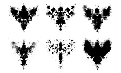 Abstract symmetrical ink stains from Rorschach test with halftone dot texture. Geometric glitch and distressed grunge punk shapes combine in this vector illustration. Psychology
