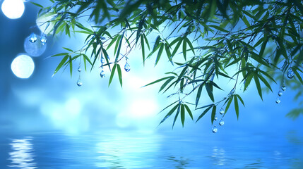 Obraz premium Dew-kissed bamboo leaves over tranquil water; serene nature scene for wellness or spa promotion
