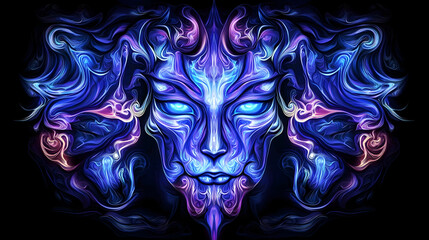 Fototapeta premium Abstract blue lioness face, mystical art, dark background, fantasy illustration