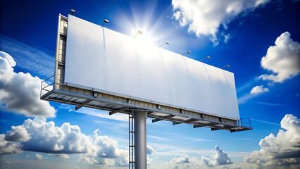 A large, empty white billboard stands against a bright blue sky with sun rays and fluffy clouds, ready for advertising