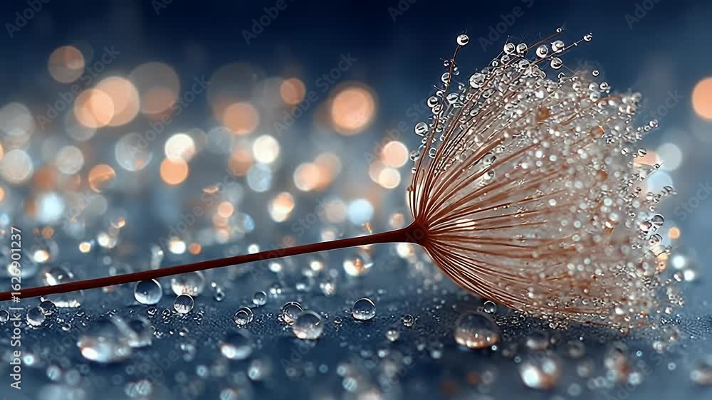 Poster a serene macro journey across a dandelion seed with shimmering dew drops and golden bokeh