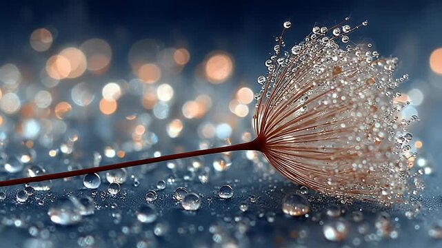 A Serene Macro Journey Across a Dandelion Seed with Shimmering Dew Drops and Golden Bokeh
