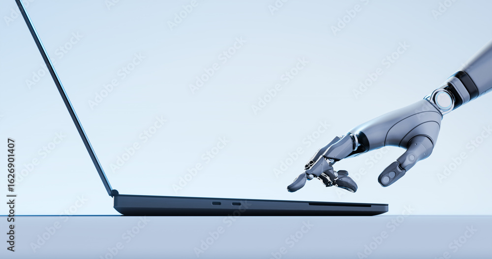 Aufkleber futuristic robot using laptop - ai artificial intelligence, technology and automation concept