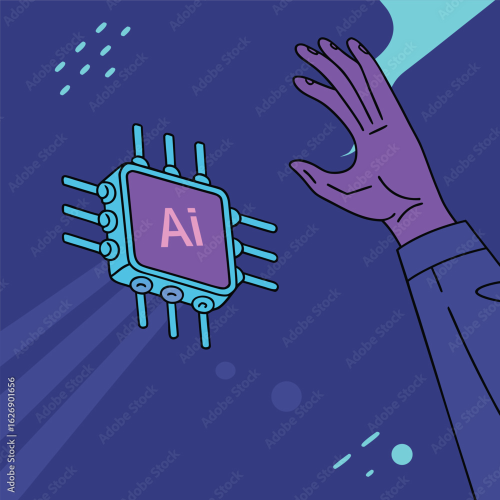 Poster vector art of artificial intelligence concept with hand reaching for ai chip on digital background