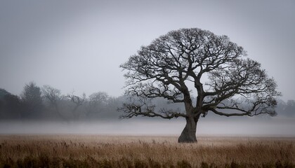 a stark gnarled tree stands prominently in a misty field with distant trees fading into the gray background