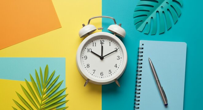 Time's Harmony: A white analog alarm clock sits centrally, flanked by vibrant splashes of color, a notebook and a pen. Tropical leaves provide a natural counterpoint to the structured layout