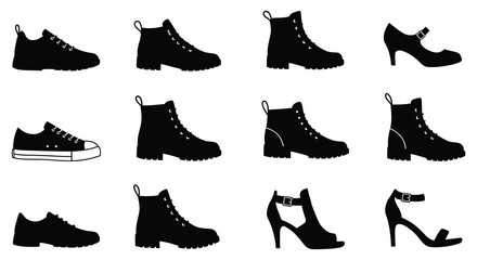 Collection of black silhouette footwear including boots sneakers and high heels on white background