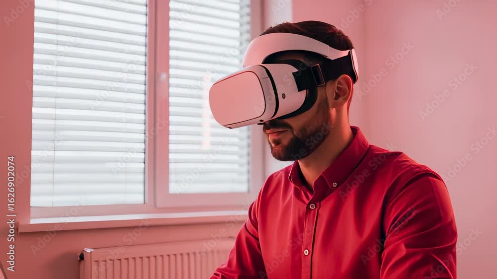 Poster man engages in immersive technology experience using virtual reality headset while working on laptop