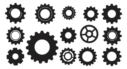 Collection of various black silhouette gears with a distressed texture on a white background