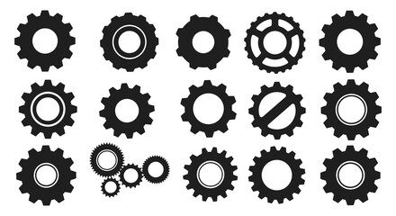 Collection of diverse black silhouette gears and cogwheels isolated on a white background representing mechanics and industry