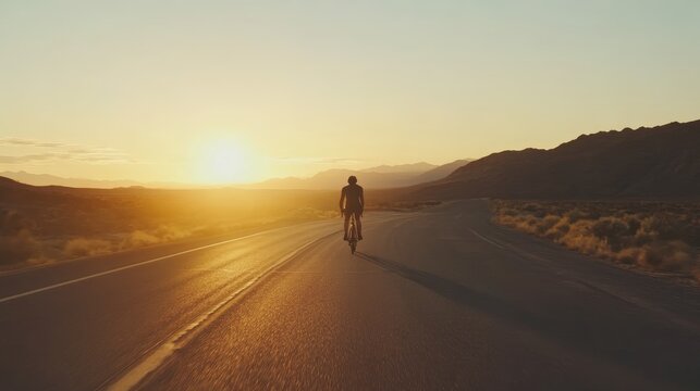 Cyclist Riding Towards Sunset on Desert Road - Powered by Adobe