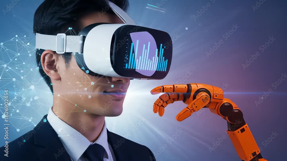 Aufkleber closeup shot of man wearing virtual reality headset exploring advanced technology with robotic hand 