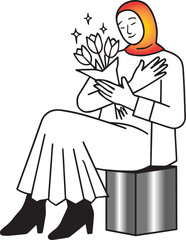 Woman in hijab holding bouquet of flowers vector