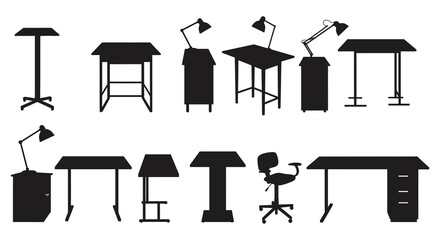 Collection of diverse office furniture silhouettes including desks lecterns and chairs on a white background