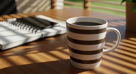 Morning Coffee with Notebook: An inviting, overhead shot of a striped mug of hot coffee next to a notebook and plant, on a wooden table bathed in sunlight creating shadows.
