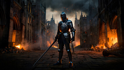 Fototapeta premium Medieval Knight Standing Guard in a Burning City after a Battle Epic Fantasy Illustration Dark Ages Concept